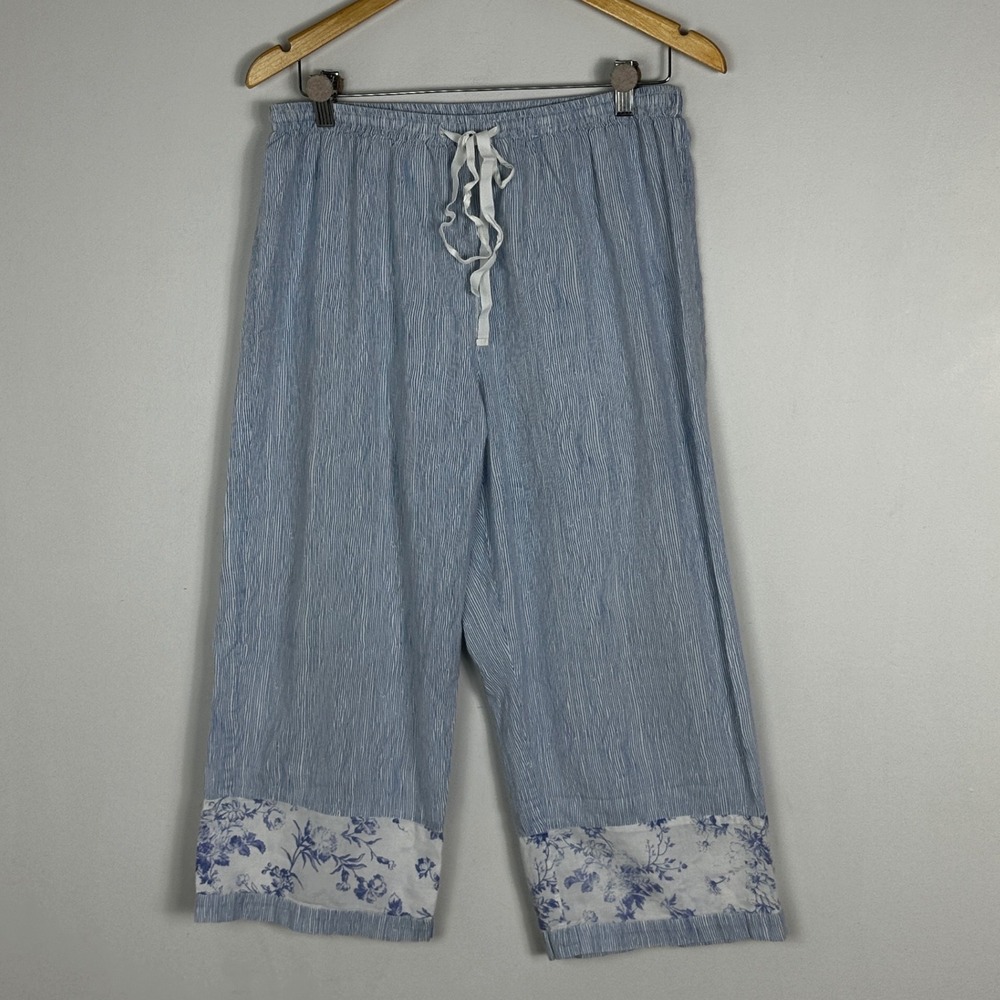April Cornell Blue Wide Leg Pants Womens Sz Small Bohemian Floral‎ Trim Lace PJs